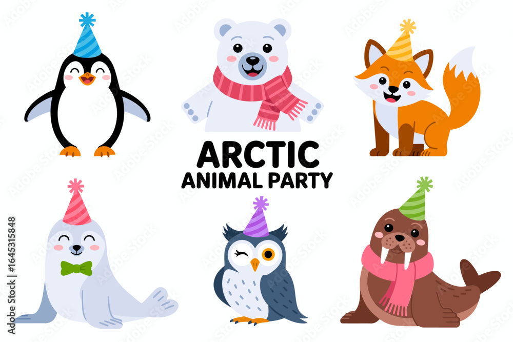 Naklejka premium Arctic animal party collection, penguin polar bear seal fox in hats, winter confetti characters, cozy vector illustration, seasonal badge