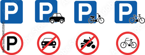 Parking and no parking signs, car motorcycle bicycle icons, traffic symbols, vehicle regulation, road safety illustration