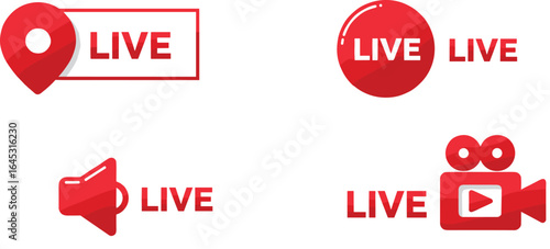 Red Live Streaming Icons, Social Media Broadcast Symbols, Digital Media, Online Video, SEO Optimized Graphics