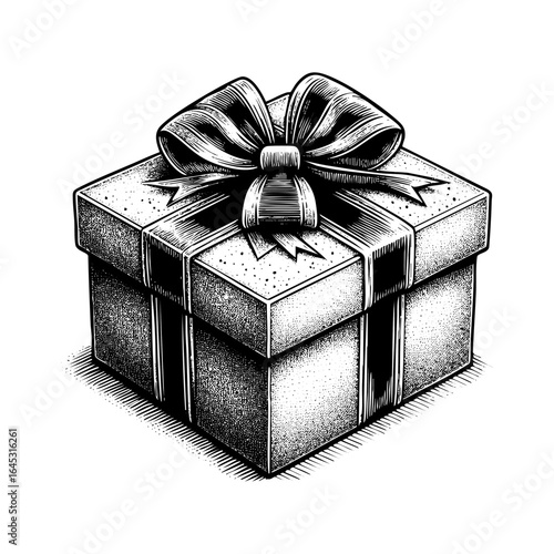 Detailed Engraving Style Illustration of Gift box 	sketch engraving generative ai fictional character PNG illustration. Black and white image.