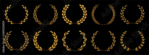 Gold laurel wreaths made of evergreen plant, circular arrangement of leaves and brunches. Vector ancient reward for winners in competitions. Mythology and nobility, traditions and cultural heritage