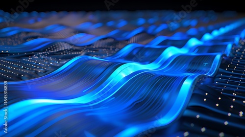 Wallpaper Mural Wavy blue data streams moving over a textured quantum circuit board with radiant core illumination . Torontodigital.ca