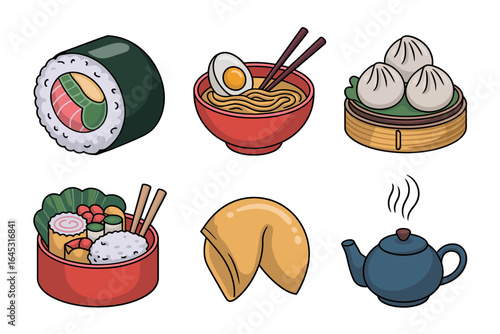 Asian cuisine icon set, sushi ramen dumplings bento teapot chopsticks fortune cookie, food vector illustration, restaurant menu graphic, culinary badge emblem