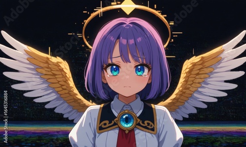 Majestic anime angel with glowing golden wings, radiant halo, and purple hair floating in a cosmic night sky — ideal for fantasy, celestial, and mystical stock image themes
