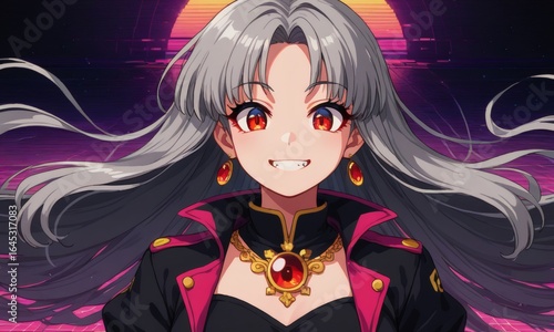 Futuristic anime heroine with silver hair, glowing red gem jewelry, and neon cosmic sunset background in vibrant synthwave style — perfect for sci-fi fantasy stock image collections