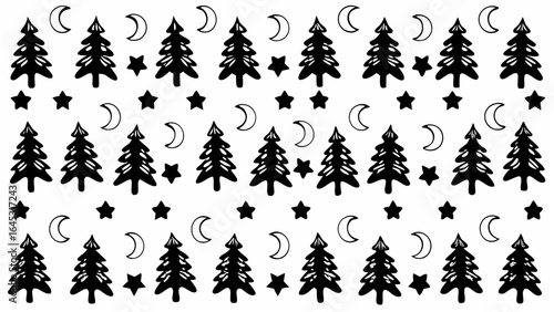 Repeating pattern of black christmas trees moons and stars arranged in a symmetrical and organized manner