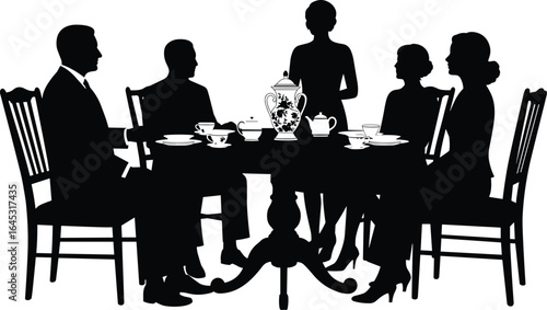 Family dinner table silhouette vector, people eating together, tea party illustration, formal gathering scene, vintage dining concept, meal time, group conversation art