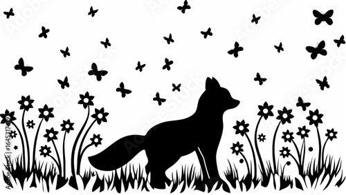 Silhouette of a fox in a field of flowers with butterflies flying above in a black and white design