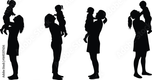 Mother and daughter silhouette vector set, mom lifting baby girl, happy family bonding, parenting love illustration, emotional care, motherhood moment, childhood connection