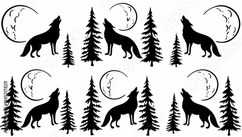Silhouette pattern of howling wolves under moon with pine trees in a repeating design for backgrounds