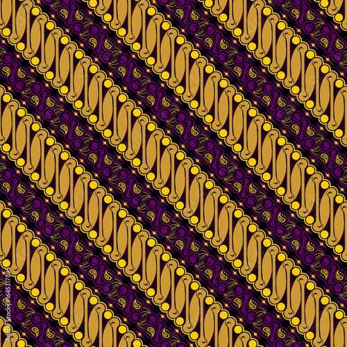 Seamless batik pattern in vibrant purple and gold, inspired by traditional Indonesian motifs, redesigned for modern style and digital fabric printing.