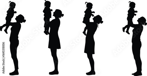 Mother and daughter silhouette vector, mom lifting child illustration, family bonding moment, parent child love, playful parenting pose, happy childhood, emotional care design