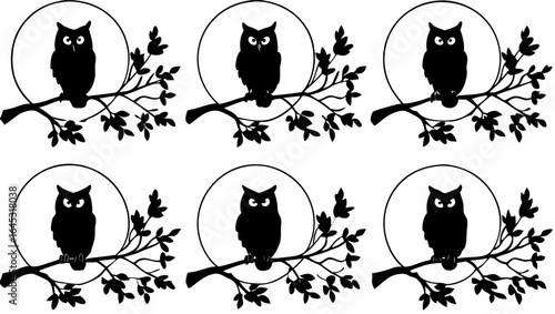 Silhouette owls perched on branches against a moonlit background repeating pattern design element vector art