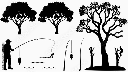 Silhouette of a fisherman casting a line with trees and a person climbing a tree in the background