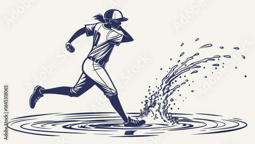 Woman softball player running through puddle vector illustration sport activity fast motion action shot