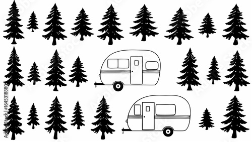 Illustration featuring evergreen trees and vintage campers in a repeating pattern design style