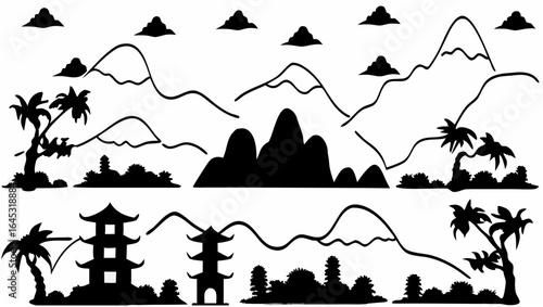Silhouette landscape with mountains, pagodas, and palm trees creating a scenic vista view scene