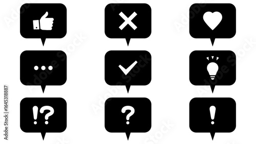 Set of 9 black filled speech bubbles with white icons – like, cross, heart, ellipsis, check mark, light bulb, exclamation and question marks – bold vector design.