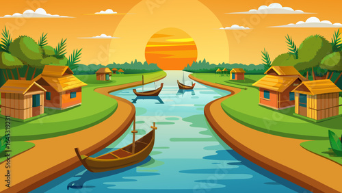 Peaceful house by the river on a sunny morning illustration