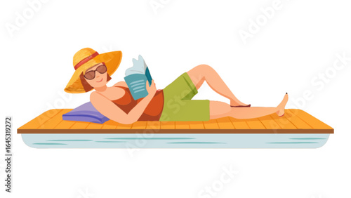 Woman reading book on inflatable mattress summer vacation relaxing beach holiday vector illustration