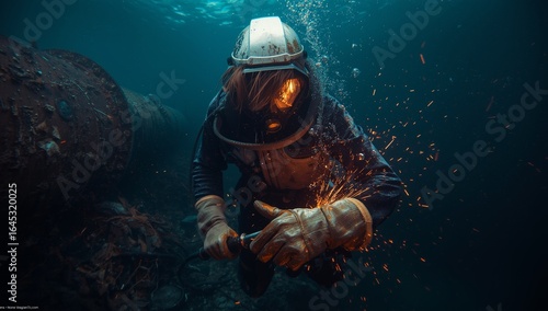 An underwater welder in a modern diving suit and helmet, surrounded by welding sparks and swirling debris, with a massive pipeline stretching into the distance.
