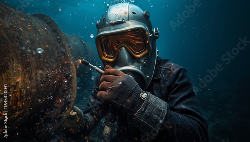 An underwater welder in a modern diving suit and helmet, surrounded by welding sparks and swirling debris, with a massive pipeline stretching into the distance.