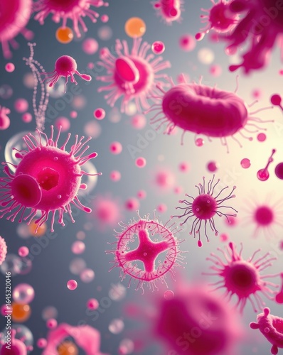 Microscopic pink viruses and cells, 3D medical illustration, microbiology infection research, high resolution