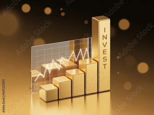 Navigating Investment Growth - A golden 3D bar chart with a glowing line graph and 