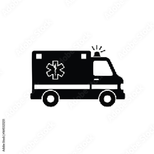 Ambulance icon in black silhouette style. Emergency medical service vehicle with siren and star of life symbol. Vector illustration for hospital and first aid concepts.