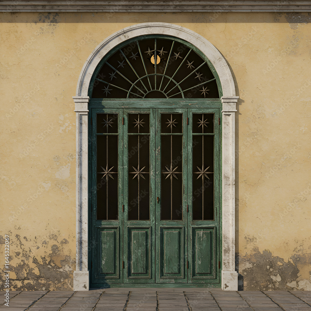 Fototapeta premium Aged, weathered green antique doors with decorative metalwork on a sun-drenched Italian building exterior. Architectural detail with a classic archway and aged plaster facade.