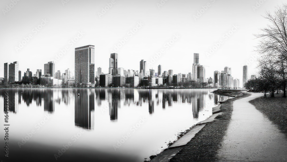 Fototapeta premium Panoramic view of a city skyline reflected in a calm lake at dawn