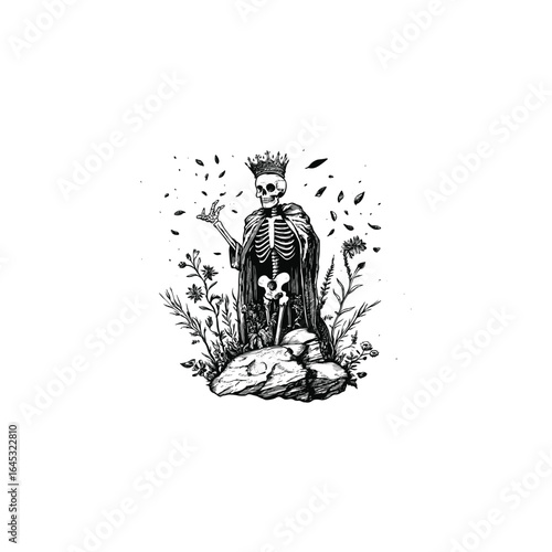 Engraving logo of a skeleton king wearing a crown and royal cloak, surrounded by flowers, leaves, and natural elements