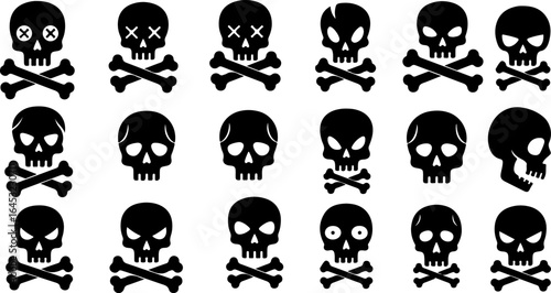 Collection of stylized skull and crossbones icons: minimalist, monochrome, vector graphics for web design, branding, and Halloween projects.