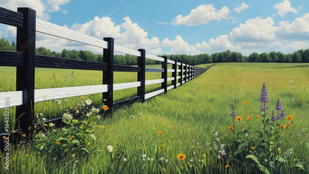 Fototapeta premium Black and white fence in a sunny meadow