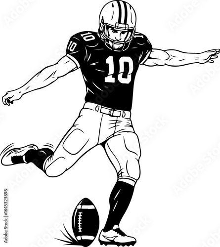American Football Player Kicking Field Goal:  Dynamic Black and White Line Art Illustration, Powerful Action Pose