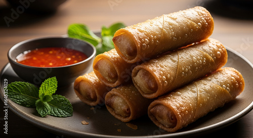 Crispy Spring Rolls Served with Spicy Dipping Sauce on Rustic Wooden Table with Fresh Mint Leaves for Asian Cuisine and Food Photography