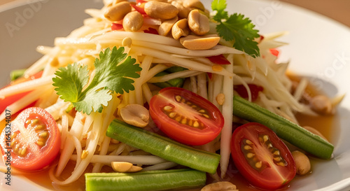 Fresh and Colorful Asian Salad with Crunchy Peanuts, Cherry Tomatoes, and Green Beans on a Plate Perfect for Healthy Eating and Culinary Photography