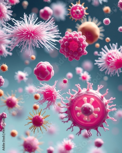 Microscopic pink and orange viruses, 3D scientific illustration, medical microbiology research, high resolution