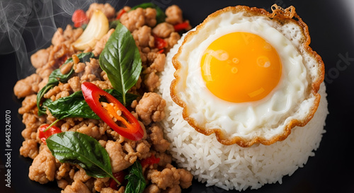 Delicious Stir-Fried Chicken with Basil, Fresh Red Chili, Fragrant Rice, and Crispy Fried Egg Served on a Dark Plate in a Gourmet Presentation