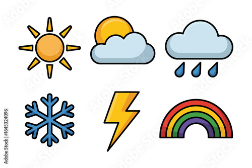 Weather icon set sun cloud rain snowflake lightning rainbow vector, forecast symbols illustration, climate app elements, meteorology design pack, flat style clipart