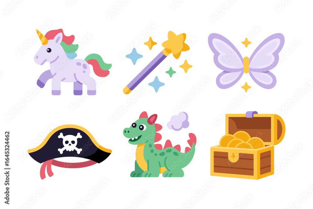 Naklejka premium Magic and pirate adventure icons, unicorn, magic wand star, butterfly, pirate flag, cute dragon, treasure chest, kids fantasy vector