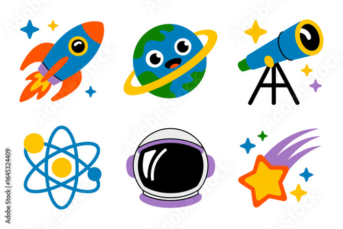 Outer space cartoon icons, rocket and ringed planet, telescope, atom, astronaut helmet, comets and stars, astronomy clipart