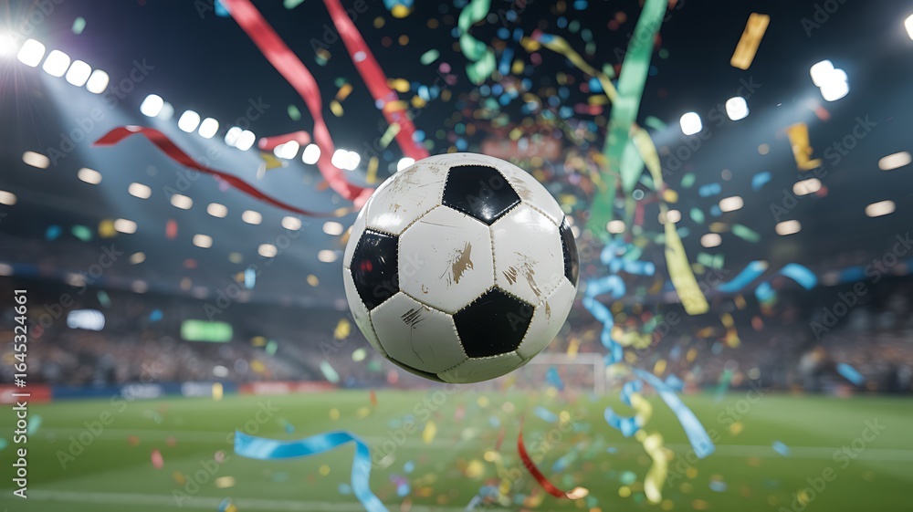 Fototapeta premium Soccer ball in mid air with colorful confetti and streamers at a stadium