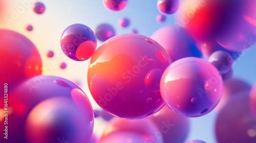 Vibrant pink and purple spheres float against a soft, light blue background, creating an abstract and colorful image.