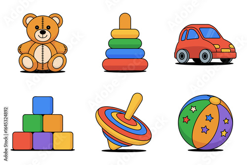 Baby toys icon set, teddy bear stacking rings toy car building blocks spinning top beach ball vector, nursery playtime illustration, kids toy clipart, preschool design elements