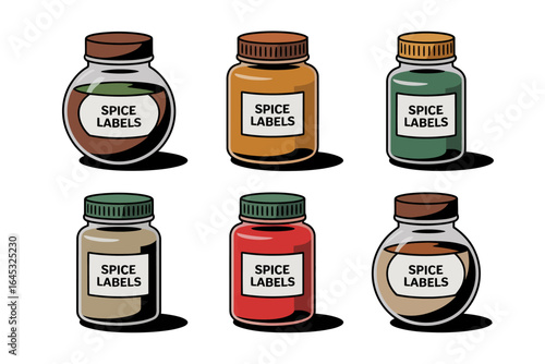 Herb and spice jar icons, round square and hex bottles vector illustration, kitchen storage design, flavor seasoning clipart, pantry elements