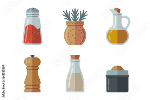 Culinary seasoning containers, pepper grinder salt cellar spice jar oil dispenser vector illustration, kitchen accessory design, cooking tools clipart, food prep elements