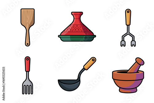 Tagine pot and utensil icon set, wooden spatula ladle mortar pestle, home kitchen vector, cookware elements, culinary design