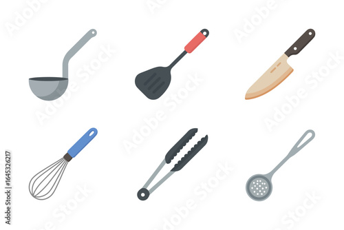Utensil lineup icons, ladle spatula chef knife balloon whisk tongs skimmer, culinary vector, cooking equipment set
