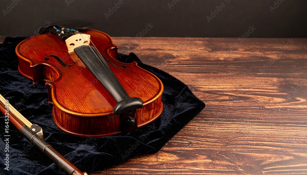 Obraz premium A polished wooden violin rests on a dark velvet cloth next to its bow on a rustic wooden surface.